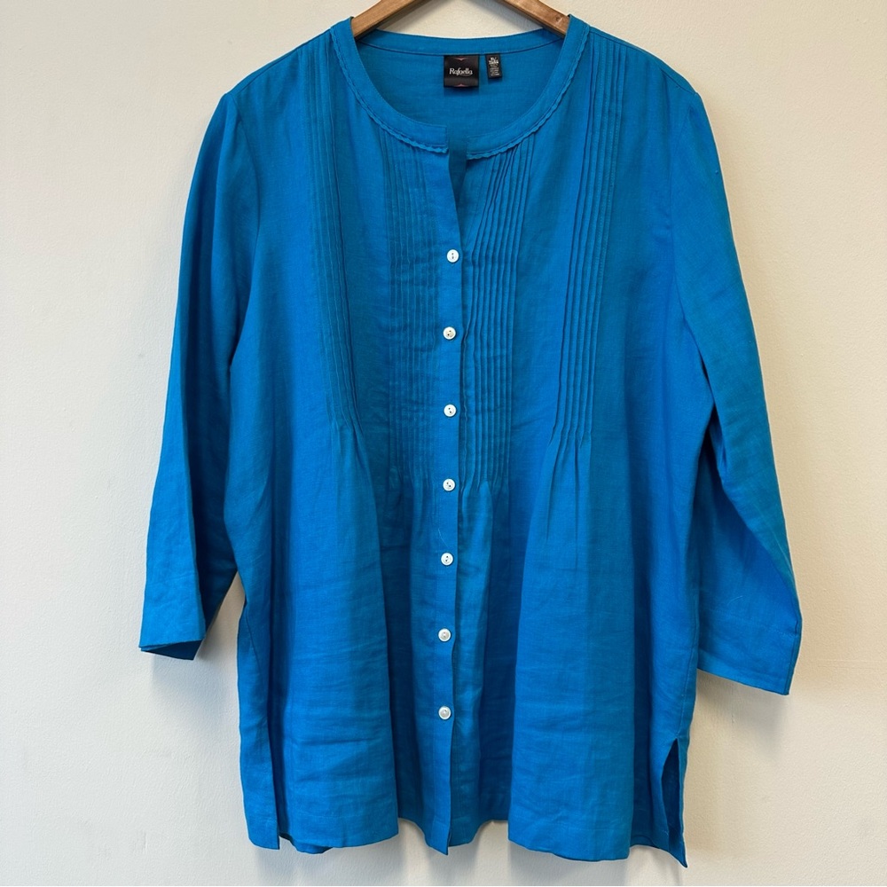 Rafaella 100% Linen Blue Pintuck Front Button-Down Women's Shirt